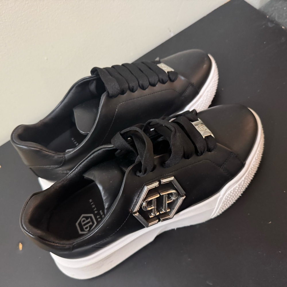 Philipp Plein Black Leather Platform Sneakers with Silver Logo